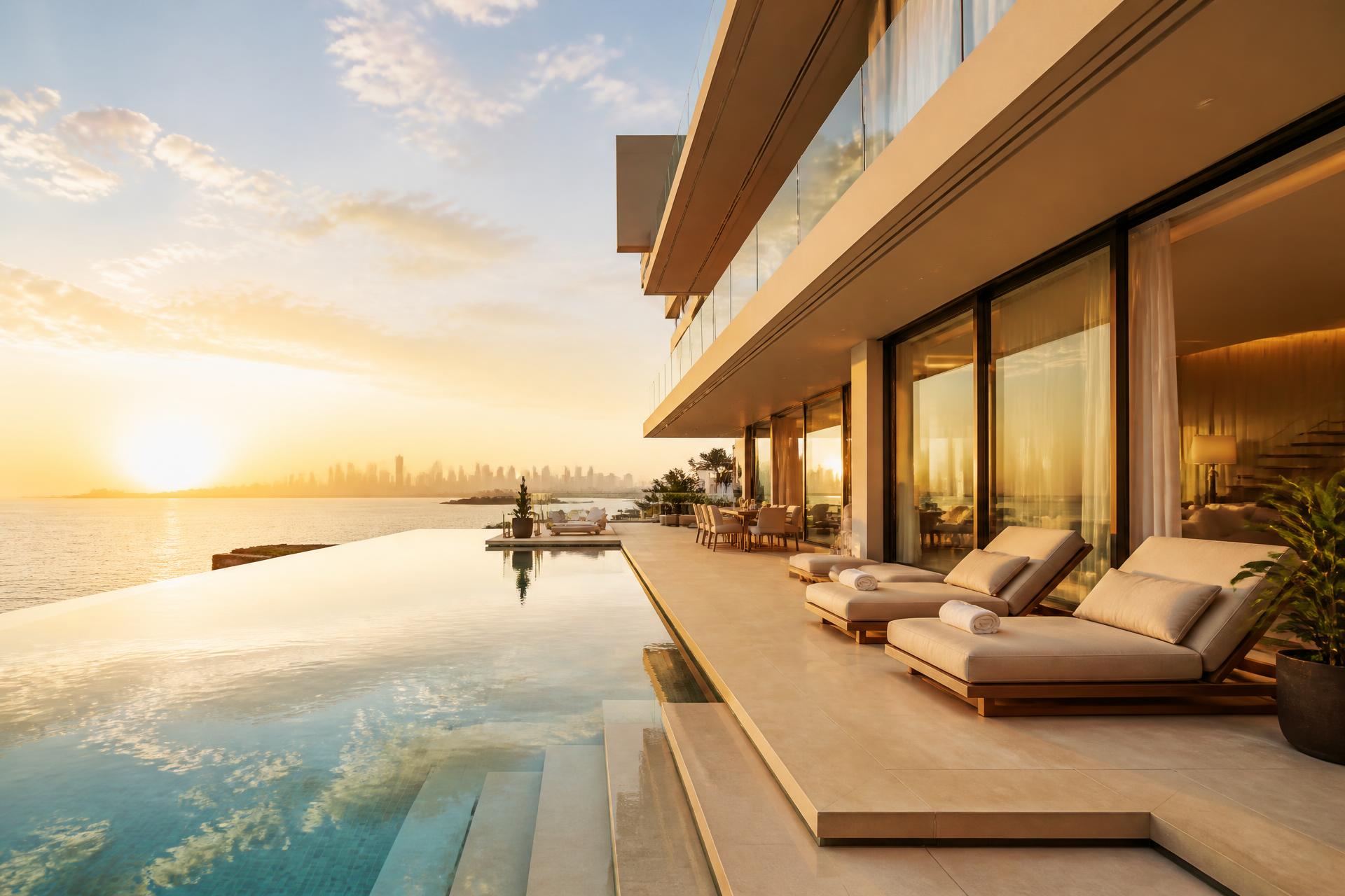 Luxury waterfront residence at golden hour